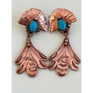 Vintage 80s Navajo Dangle Earrings Fan Shaped 925 Copper Gilt Running Bear